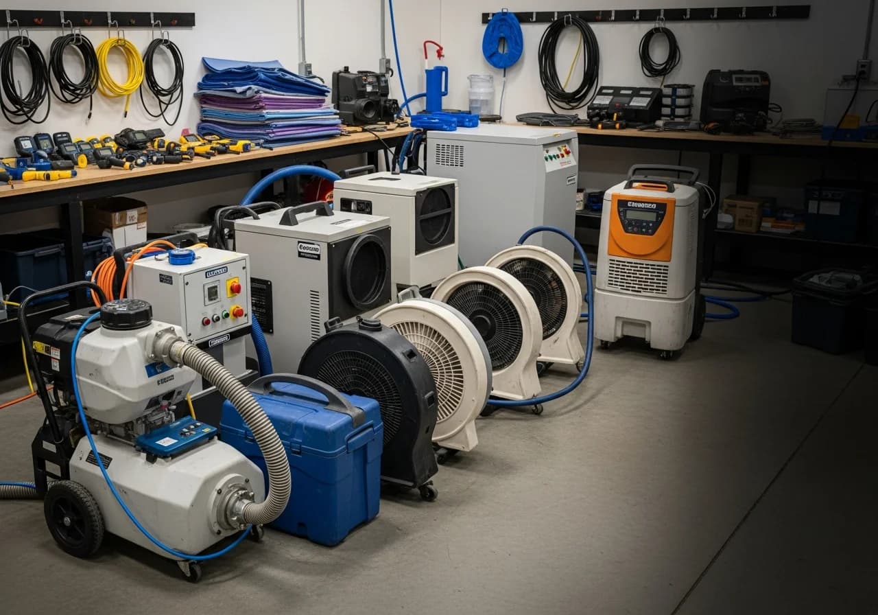 Water extraction and drying equipment staged and ready for an emergency response