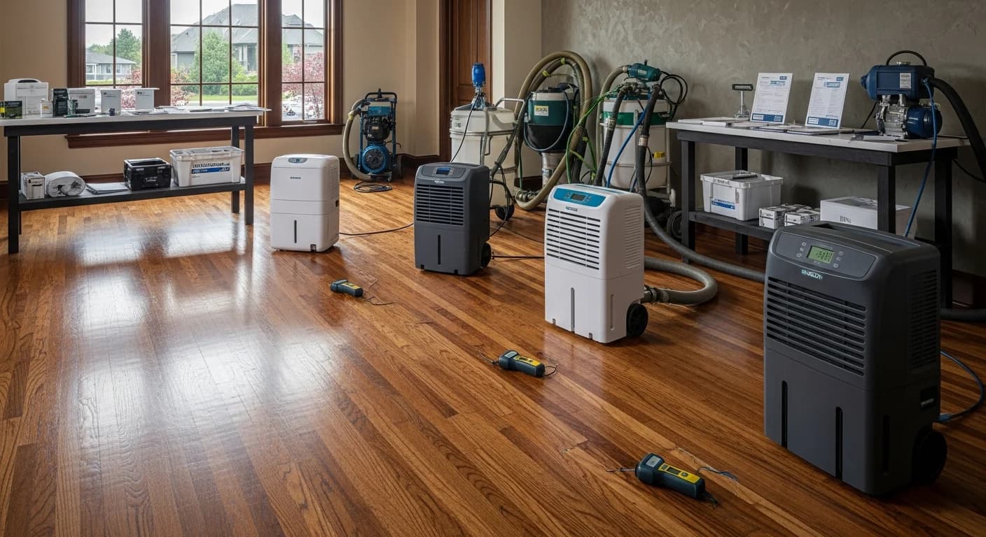 Air movers and dehumidifiers drying a water-damaged living room with hardwood floors